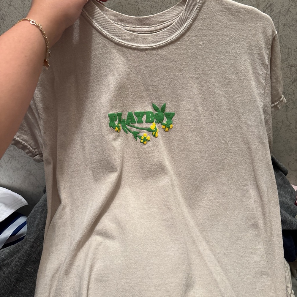 PLAYBOY Cream Tee with Green and Yellow Logo